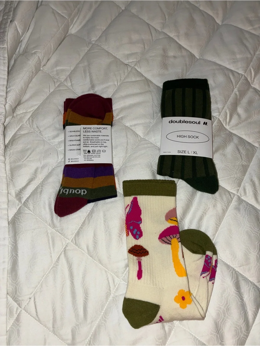 Doublesoul Socks -set of 3 Olive Green, Multicolor & Cream Pattern - Sz L/XL